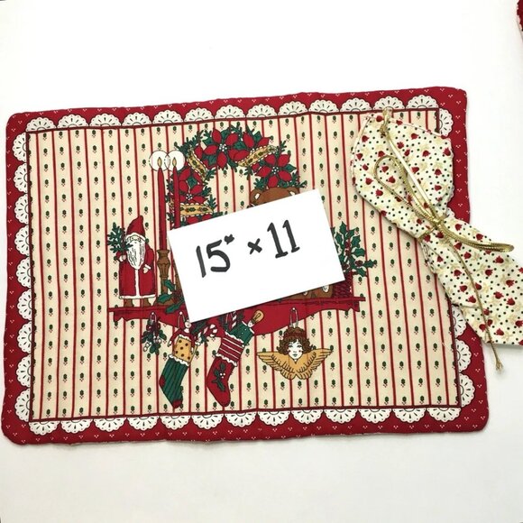 VTG 4 Quilted Holiday Placemats11”x15” 4 Matching Napkins Christmas Santa Angels - Picture 4 of 12